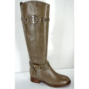 Tory Burch Calista Taupe Leather Logo Belt Knee Riding Boots New